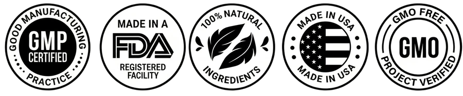Quality seals — FDA Registered, GMP Certified, Natural, Non-GMO